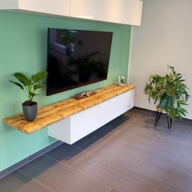 Mobile Preview: Abdeckplatte fuer IKEA Besta Lowboard Sideboard TV-Schrank aus Massivholz / Altholz / Gerüstbohlen Farbe summer